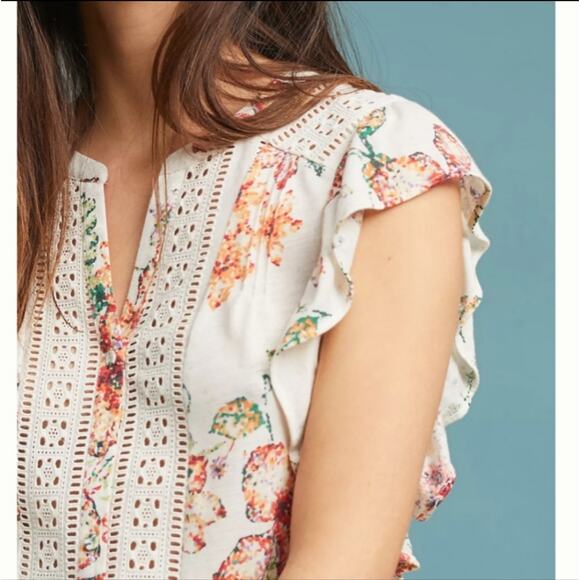 Anthropologie Maeve Floral Eyelet V Neck Short Sleeve Linen Blend Top Size XSP - Picture 4 of 16